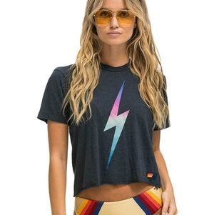 Aviator Nation Lightning Bolt Boyfriend Tee Rainbow Pink T-shirt Grey S